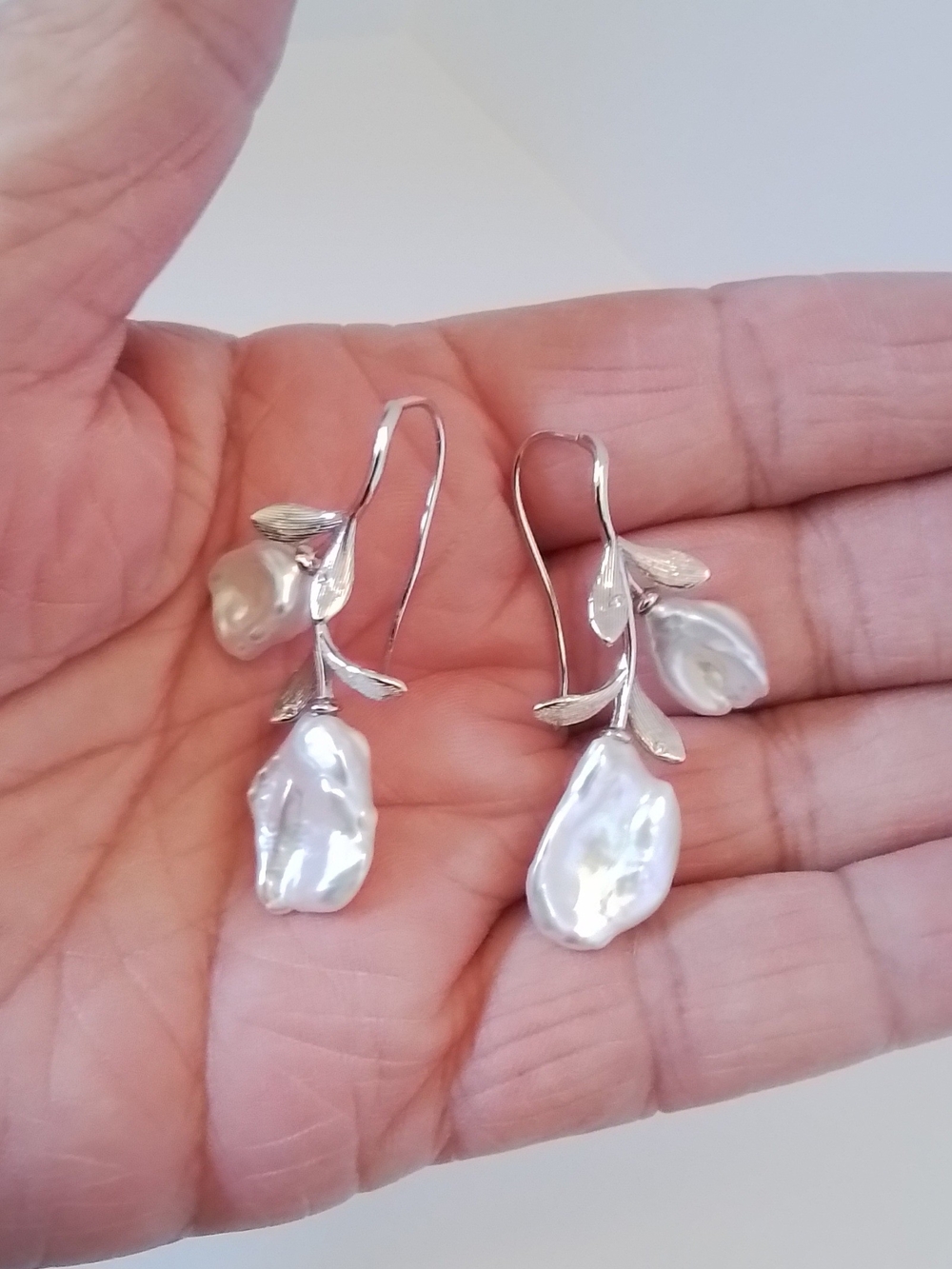 Silver Baroque Pearl Drop Earrings - White